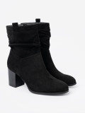 Botine negre din suede cu toc bloc și guler plisat