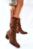 Cizme scurte din piele întoarsă ecologică, maro, cu toc plat