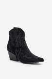 Botine negre decorate cu toc din piele întoarsă ecologică
