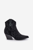 Botine negre decorate cu toc din piele întoarsă ecologică
