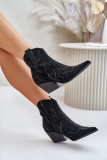 Botine negre decorate cu toc din piele întoarsă ecologică