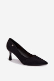 Pantofi eleganți negri cu toc subțire din piele ecologică întoarsă