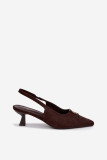 Pantofi eleganți maro din piele întoarsă ecologică cu toc gros și detaliu decorativ