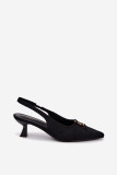 Pantofi eleganți negri cu toc gros, călcâi decupat și detaliu decorativ