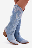 Cizme western din denim cu toc gros