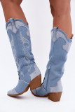 Cizme western din denim cu toc gros