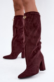 Cizme peste genunchi din piele întoarsă roșie, căptușite, cu toc gros