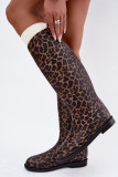 Cizme de cauciuc înalte maro cu toc plat și imprimeu animal print