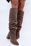 Cizme peste genunchi din piele întoarsă cu toc gros, bej