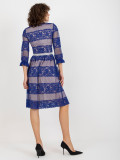 Rochie cocktail midi cobalt cu dantelă și curea