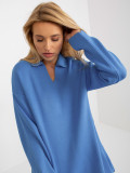 Pulover lung oversize albastru cu guler RUE PARIS