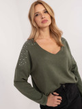 Pulover elegant khaki cu aplicație