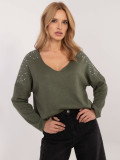 Pulover elegant khaki cu aplicație