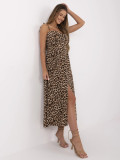 Rochie evazată neagră și bej cu model animalier