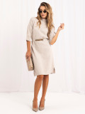 Rochie tricotată bej oversize cu curea și guler înalt