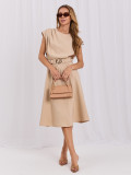 Rochie midi bej evazată cu curea