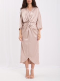 Rochie midi bej asimetrică cu mâneci 3/4
