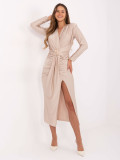 Rochie midi bej tip creion cu decolteu petrecut și drapaj