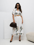 Rochie midi cămașă alb-verde cu broderie și curea
