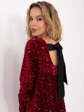 Rochie mini bordo de cocktail cu paiete și fundă
