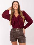 Bluză elegantă bordo cu volan și mâneci bufante