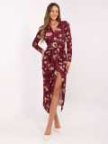 Rochie midi tip creion bordo cu imprimeu floral, mâneci lungi și decolteu petrecut