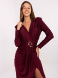 Rochie midi tip creion bordo cu decolteu petrecut și mâneci lungi