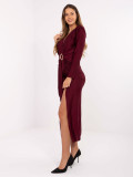 Rochie midi tip creion bordo cu decolteu petrecut și mâneci lungi