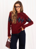 Pulover bordo cu model geometric și decolteu rotund