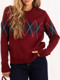 Pulover bordo cu model geometric și decolteu rotund