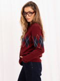 Pulover bordo cu model geometric și decolteu rotund