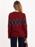 Pulover bordo cu model geometric și decolteu rotund