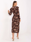 Rochie midi maro cu imprimeu floral și decolteu petrecut