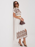 Rochie cămașă midi alb-maro cu broderie și curea
