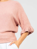 Pulover elegant roz cu volan și mâneci 3/4