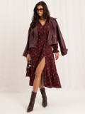 Rochie midi bordo cu imprimeu floral și volan