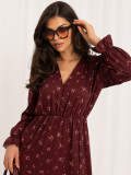 Rochie midi bordo cu imprimeu floral și volan