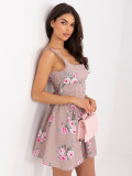 Rochie mini bej evazată cu imprimeu floral