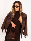 Rochie tricotată oversize maro cu curea și guler înalt