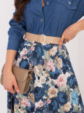 Fustă midi elegantă cu imprimeu floral și curea, albastru închis