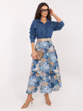 Fustă midi elegantă cu imprimeu floral și curea, albastru închis