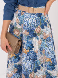 Fustă midi elegantă cu imprimeu floral și curea, albastru închis