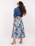 Fustă midi elegantă cu imprimeu floral și curea, albastru închis