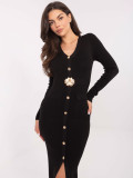 Rochie midi elegantă neagră cu decolteu în V și nasturi