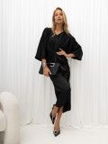 Rochie midi asimetrică cu mâneci 3/4 și decolteu în V, neagră