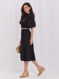 Rochie midi neagră evazată cu curea și volan
