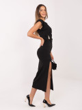 Rochie midi neagră cu decolteu rotund și drapaje