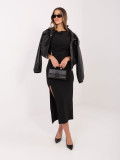 Rochie midi neagră cu decolteu rotund și drapaje
