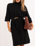 Rochie tricotată neagră oversize cu curea și guler înalt