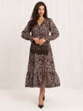 Rochie midi negru-bej cu volan și imprimeu animalier